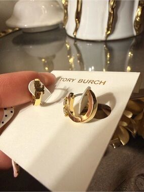 Tory Burch Polished Gold Logo Hoop Huggie Earrings